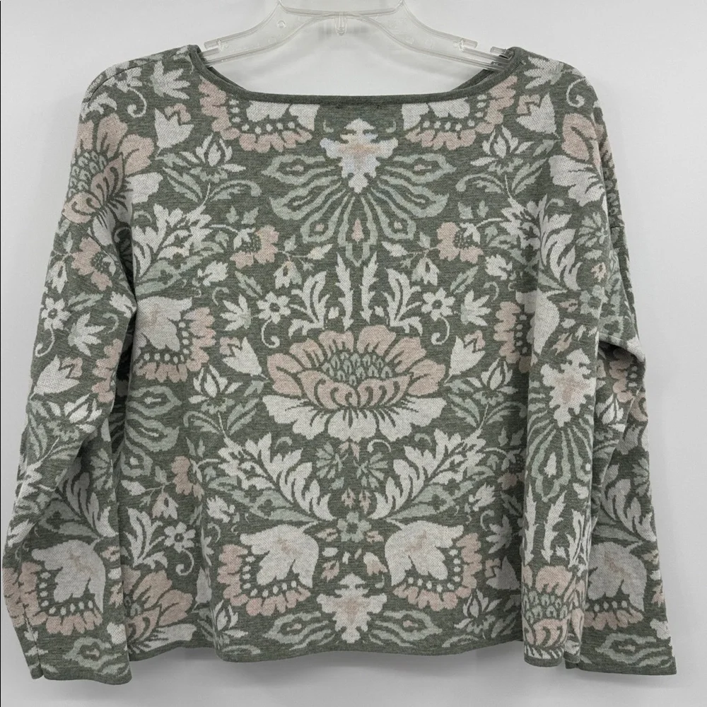 J. Jill Large Petite Sweater Green Floral Damascus 100% Cotton size medium